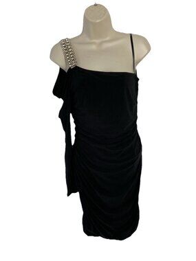 Little black dress sz L Cocktail Evening Ruched One Shoulder rhinestone Deb